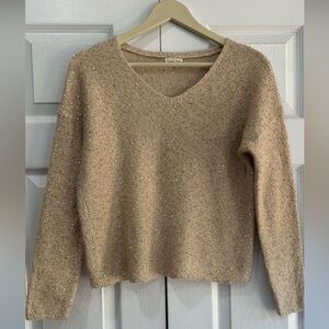 Garnet Hill Light 3/4 Sleeve Sweater Cream Gold Sequin Wool Alpaca Blend Holiday